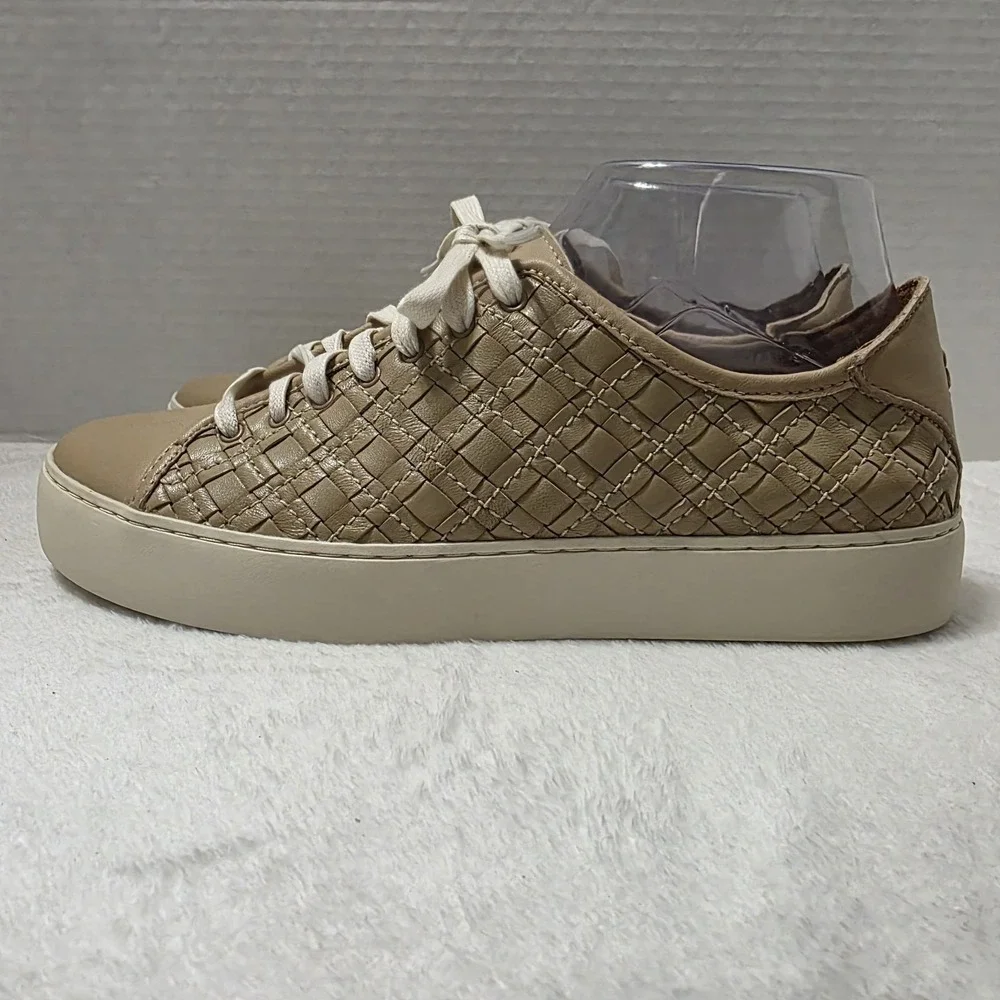 Frye Lena Woven Womens Sneakers Sz  8.5 Tan Leather Low Top Lace Up Comfort Shoe